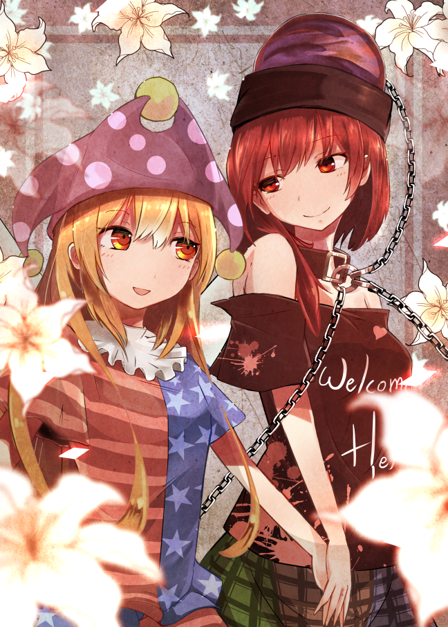 2girls :d american_flag_dress american_flag_legwear bangs bare_shoulders black_collar black_shirt blonde_hair blue_dress blue_skirt breasts chains clothes_writing clownpiece collar commentary_request dress eye_contact eyes_visible_through_hair flower green_skirt hair_between_eyes hand_holding hat head_tilt hecatia_lapislazuli jester_cap long_hair looking_at_another medium_breasts multicolored multicolored_clothes multicolored_skirt multiple_girls neck_ruff off-shoulder_shirt off_shoulder open_mouth pantyhose polka_dot polka_dot_hat polos_crown poyosuke red_eyes red_skirt redhead revision shirt short_hair short_sleeves skirt small_breasts smile star star_print striped striped_dress striped_legwear t-shirt touhou white_flower yellow_eyes