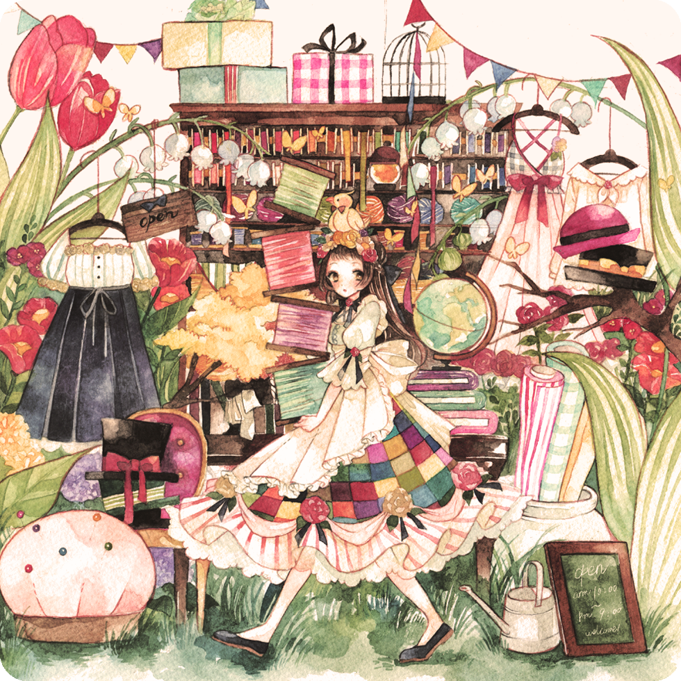 1girl animal animal_on_head apron banner bird bird_on_head birdcage black_bow bow bowler_hat branch brown_eyes brown_hair bug butterfly cage carrying chair checkered checkered_skirt chrysanthemum cloth clothes_hanger commentary_request decorations dress eko_(ecology) flower frilled_dress frills geranium globe grass had hair_bow hair_flower hair_ornament hair_ribbon hanging hat hat_bow headband insect leaf long_hair merchandise on_head open_mouth open_sign original oversized_object package pale_skin partial_commentary petals pincushion pins pot puffy_sleeves purple_flower red_flower red_rose ribbon rose see-through shelf shoes sign skirt spool stacked_hats striped striped_dress thorn top_hat traditional_media tree tree_branch triangle tulip walking watercolor_(medium) watering_can white_flower wrapping_paper yarn yarn_ball yellow_flower