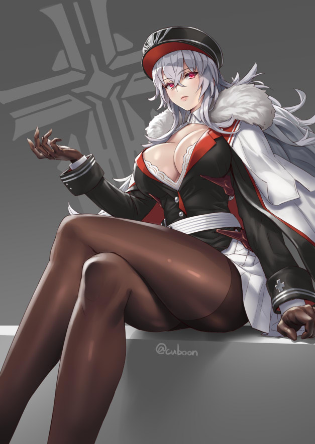 1girl artist_name azur_lane bangs breasts buttons commentary_request cuboon eyebrows_visible_through_hair fur_trim gloves graf_zeppelin_(azur_lane) hat iron_cross large_breasts legs_crossed lips long_hair long_sleeves looking_at_viewer pantyhose peaked_cap red_eyes shiny shiny_clothes shiny_hair shiny_skin signature silver_hair simple_background sitting skirt solo thighs uniform