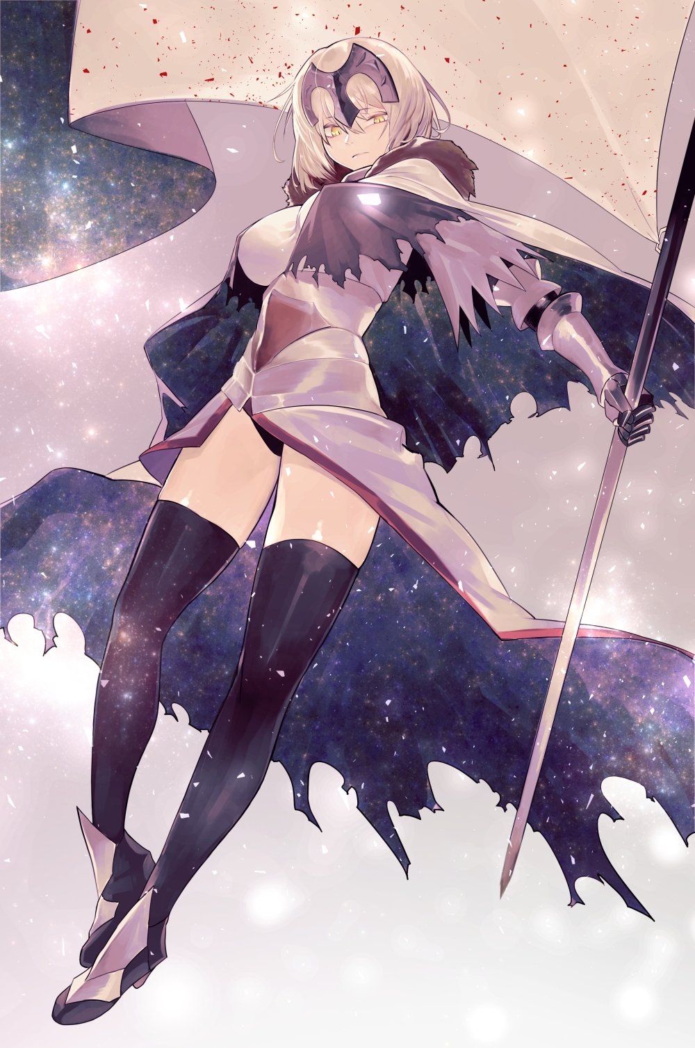 1girl black_legwear blonde_hair breasts cape fate/grand_order fate_(series) flag gyudong123 headpiece highres holding holding_flag jeanne_d'arc_(alter)_(fate) jeanne_d'arc_(fate) jeanne_d'arc_(fate)_(all) large_breasts looking_at_viewer medium_breats solo standing thigh-highs white_flag yellow_eyes