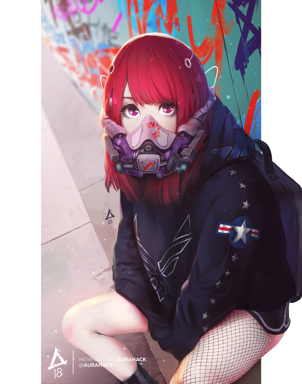 1girl backpack bag bangs commentary cyberpunk english_commentary erica_june_lahaie face_mask fishnet_legwear fishnets graffiti highres hood hooded_jacket jacket looking_at_viewer mask original patreon_username redhead science_fiction solo swept_bangs us_air_force violet_eyes watermark web_address