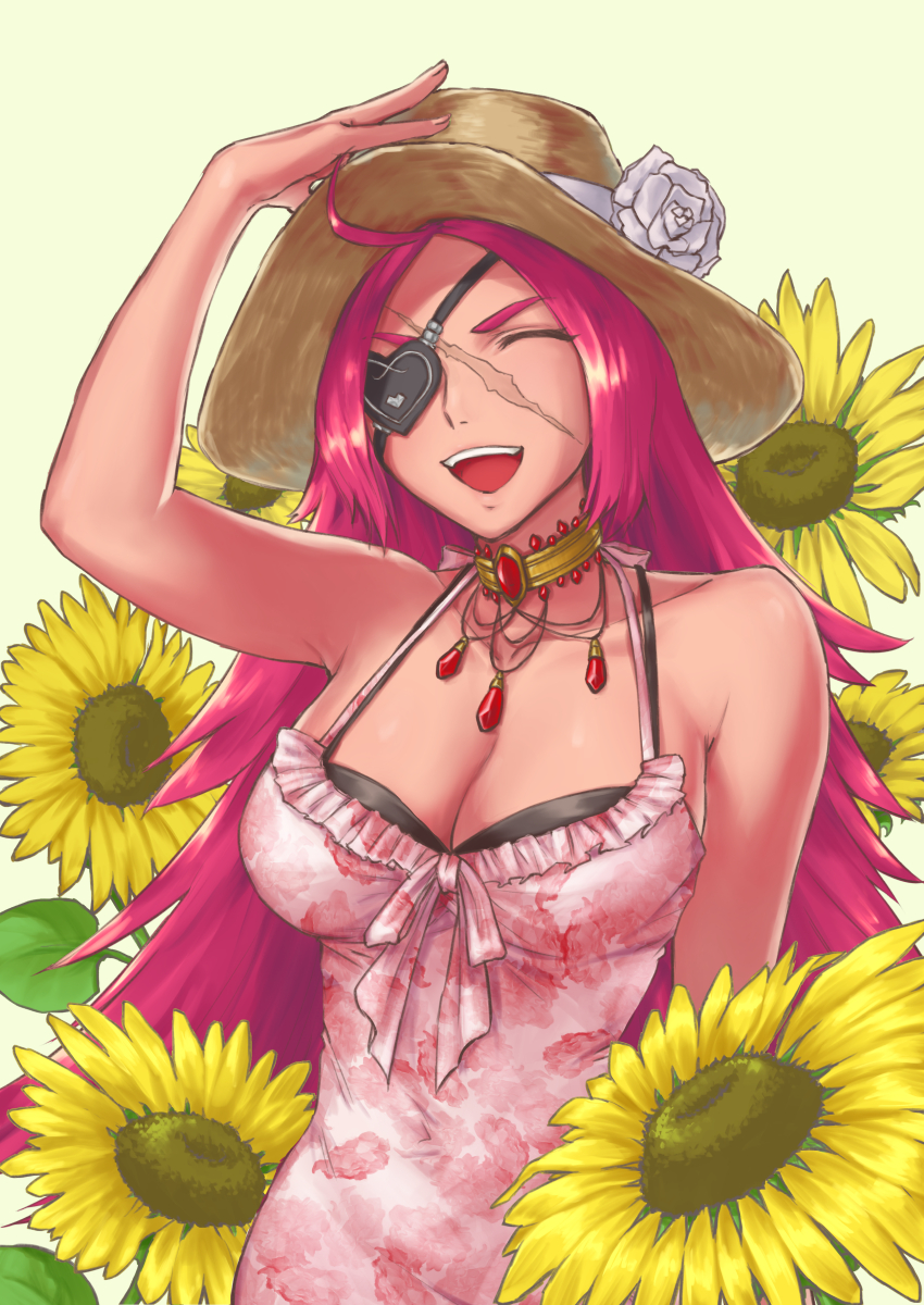 1girl adjusting_clothes adjusting_hat ahoge blue_eyes breasts choker cleavage closed_eyes dress eyepatch fate/extella_link fate/extra fate_(series) flower francis_drake_(fate) hat hat_flower highres izumi_(user_epgx4384) large_breasts long_hair pink_hair scar smile solo sundress sunflower