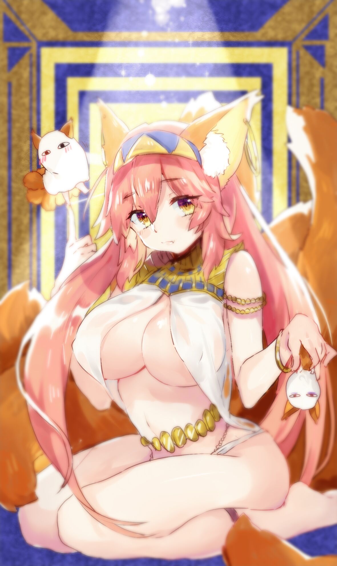&lt;o&gt;_&lt;o&gt; 1girl alternate_costume animal_ear_fluff animal_ears breasts cosplay cui_pi_cha_tu earrings egyptian_clothes fang fate/grand_order fate_(series) fox_ears fox_girl fox_tail highres hoop_earrings jewelry large_breasts medjed multiple_tails navel nitocris_(fate/grand_order) nitocris_(fate/grand_order)_(cosplay) pink_hair sitting solo tail tamamo_(fate)_(all) tamamo_no_mae_(fate) under_boob yellow_eyes