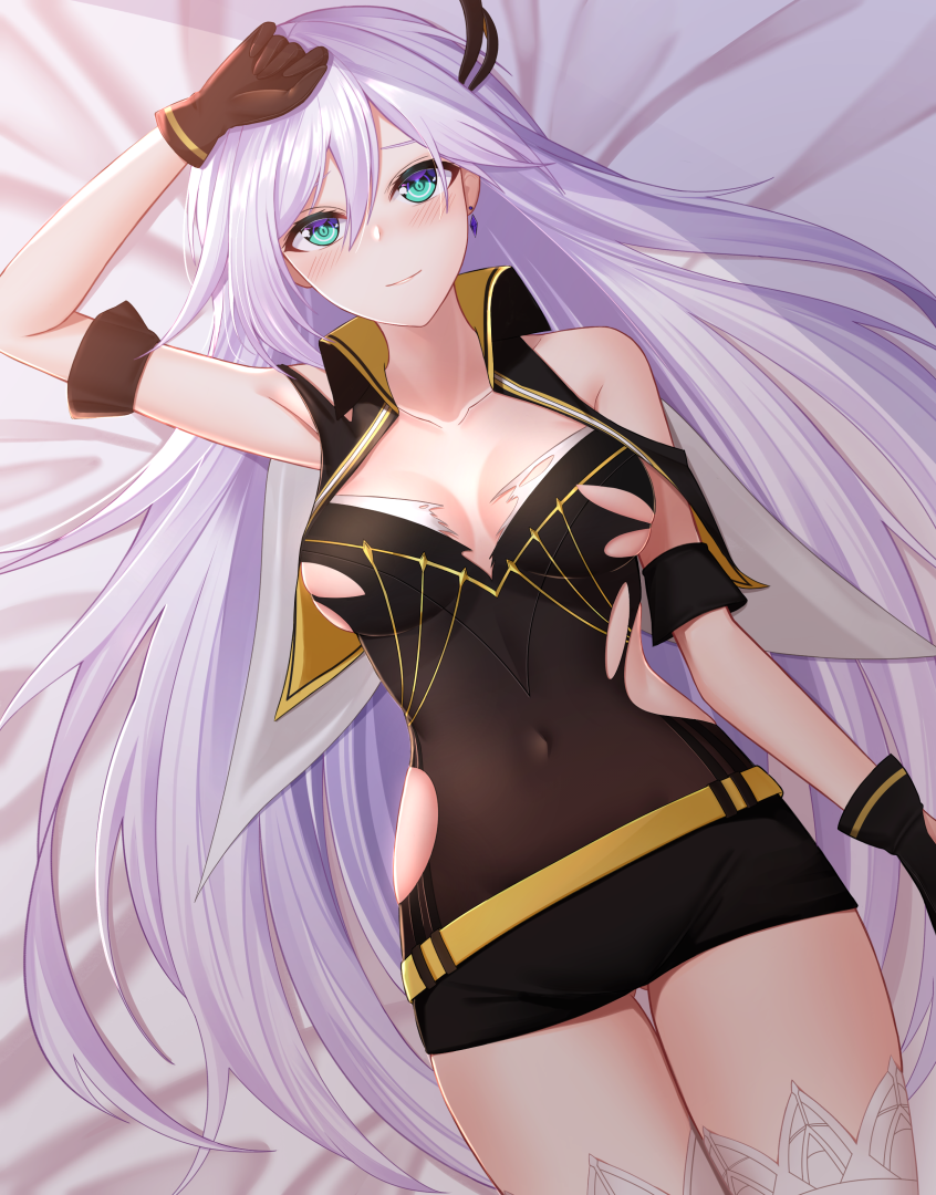 1girl aircell arm_strap arm_up armpits bare_shoulders belt black_gloves black_vest blush breasts cecilia_shania cleavage closed_mouth collarbone collared_vest commentary covered_navel dress dutch_angle earrings from_above gloves green_eyes hair_between_eyes hair_ornament hand_on_own_head honkai_impact jewelry lavender_hair long_hair looking_at_viewer medium_breasts nose_blush open_clothes open_vest pink_lips short_dress skindentation sleeveless sleeveless_dress smile solo straight_hair thigh-highs thigh_gap thighs torn_clothes torn_dress very_long_hair vest white_legwear
