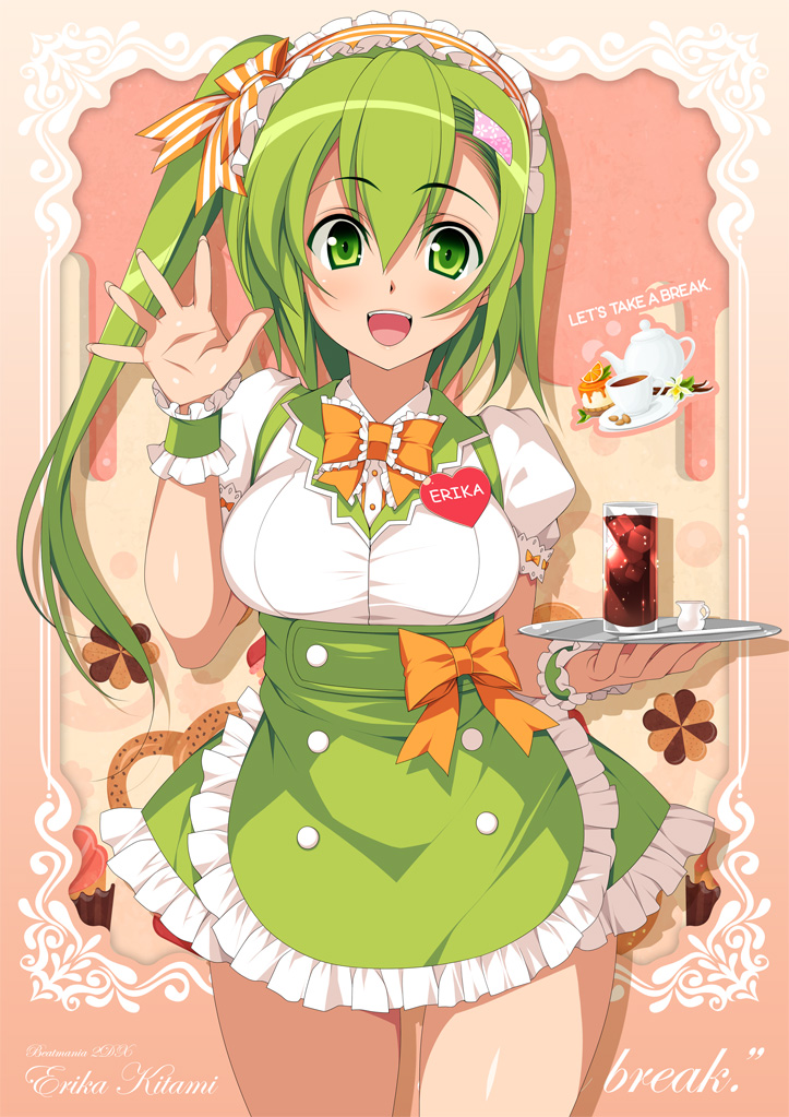 1girl :d beatmania beatmania_iidx blush bow bowtie breasts character_name cookie copyright_name cowboy_shot cup drink english eyebrows_visible_through_hair fingernails food glass green_skirt hair_between_eyes head_tilt headdress heart high-waist_skirt ice ice_cube kinoshita_ichi kitami_erika long_hair looking_at_viewer medium_breasts name_tag one_side_up open_mouth orange_neckwear pretzel puffy_short_sleeves puffy_sleeves saucer shirt short_sleeves silhouette skirt smile solo teacup teapot tray very_long_hair waitress waving white_shirt wrist_cuffs