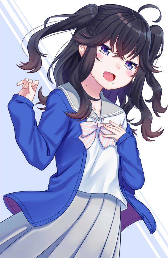 1girl :d ahoge bangs blue_cardigan blue_eyes blush bow bowtie cardigan commentary_request cowboy_shot eyebrows_visible_through_hair gradient_hair grey_sailor_collar grey_shirt grey_skirt greyscale hand_on_own_chest hand_up izumo_kasumi_(nijisanji) long_hair long_sleeves mizunashi_hayate mole mole_on_neck mole_under_mouth monochrome multicolored_hair nijisanji open_cardigan open_clothes open_mouth pleated_skirt sailor_collar shirt sidelocks skirt smile solo striped striped_bow striped_neckwear two-tone_background two_side_up unbuttoned virtual_youtuber