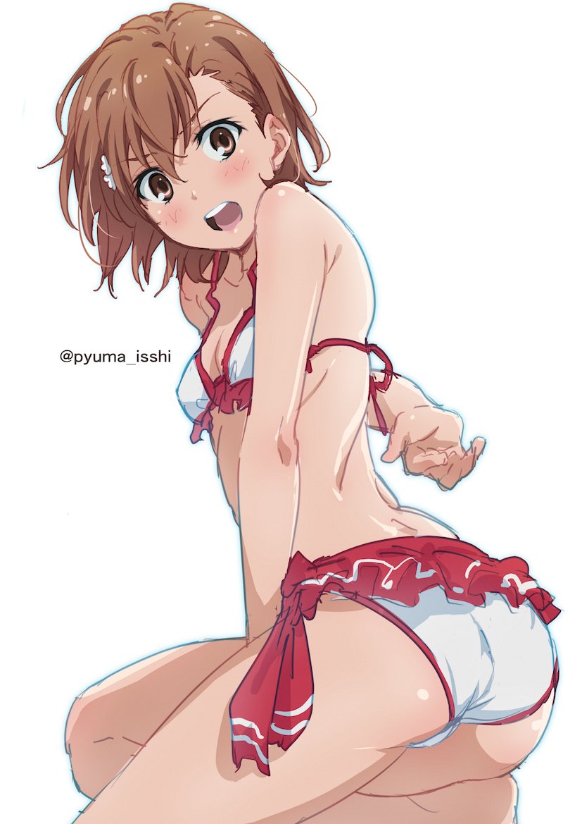 1girl ass bikini breasts brown_eyes brown_hair cowboy_shot frilled_bikini frills from_behind hair_ornament hairclip looking_at_viewer looking_back misaka_mikoto open_mouth puma_(hyuma1219) short_hair side-tie_bikini simple_background small_breasts solo swimsuit to_aru_kagaku_no_railgun to_aru_majutsu_no_index twitter_username upper_teeth white_background white_bikini