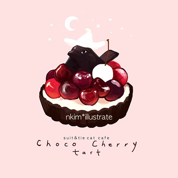 artist_name bird black_bird cherry chocolate chocolate_tart crescent crescent_moon dessert english food fruit hat moon nadia_kim no_humans original pink_background simple_background star tart_(food) white_hat witch_hat