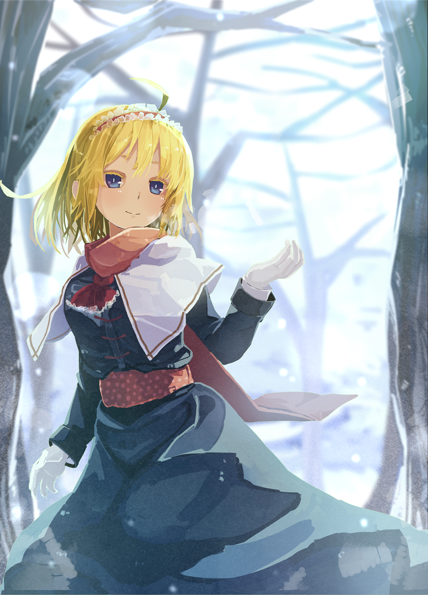 1girl ahoge alice_margatroid ascot bare_tree blonde_hair blue_dress blue_eyes blurry capelet coat colored_eyelashes commentary_request cowboy_shot day depth_of_field dress forest futatsuki_eru gloves hairband hand_up highres lolita_hairband long_sleeves looking_at_viewer nature outdoors red_neckwear red_scarf sash scarf short_hair smile solo touhou tree white_gloves winter