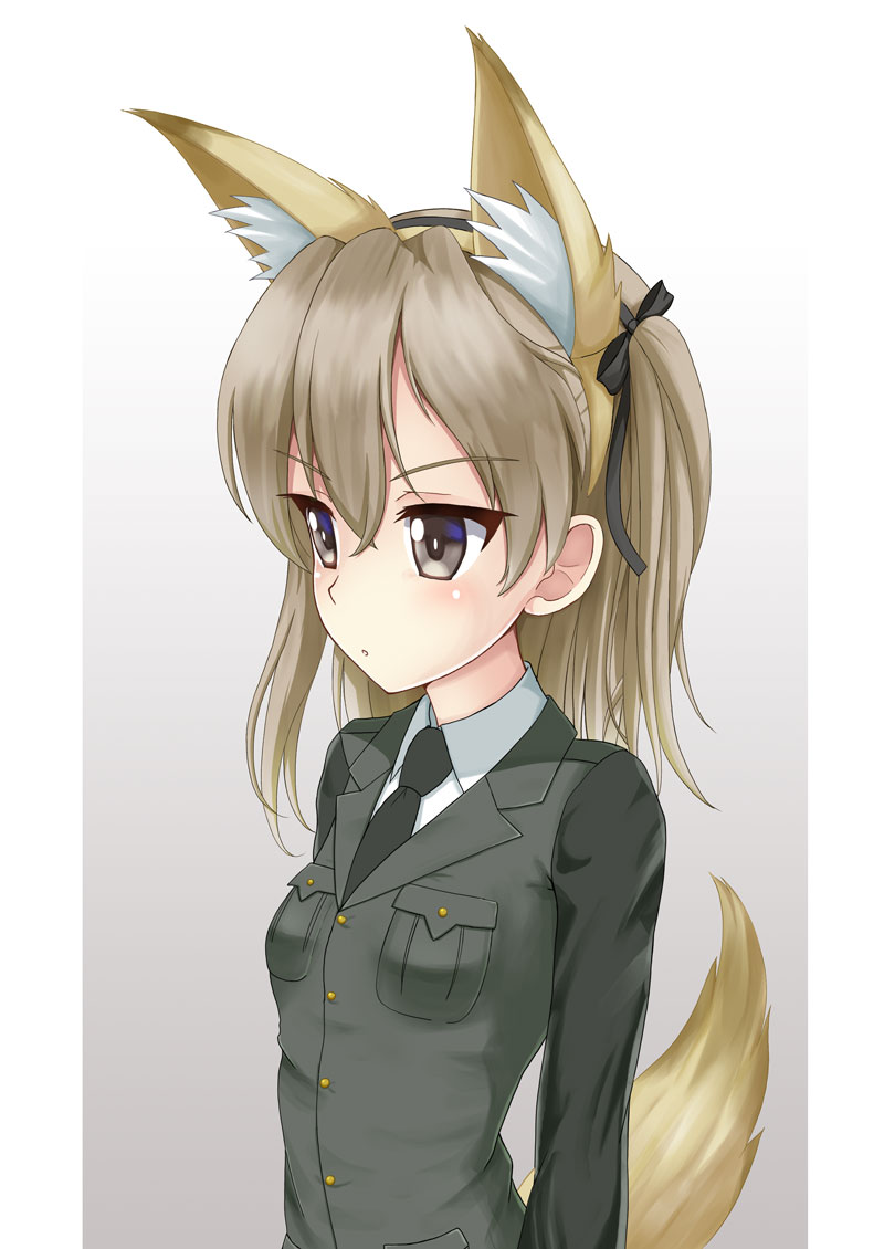 1girl animal_ear_fluff animal_ears bangs black_bow black_neckwear blush bow breast_pocket breasts brown_eyes brown_hair collared_shirt commentary_request eyebrows_visible_through_hair fake_animal_ears flipper fox_ears fox_girl fox_tail girls_und_panzer gradient gradient_background green_jacket grey_background hair_between_eyes hair_bow jacket long_hair long_sleeves looking_away necktie one_side_up parted_lips pocket selection_university_military_uniform shimada_arisu shirt small_breasts solo tail tail_raised upper_body white_background white_shirt