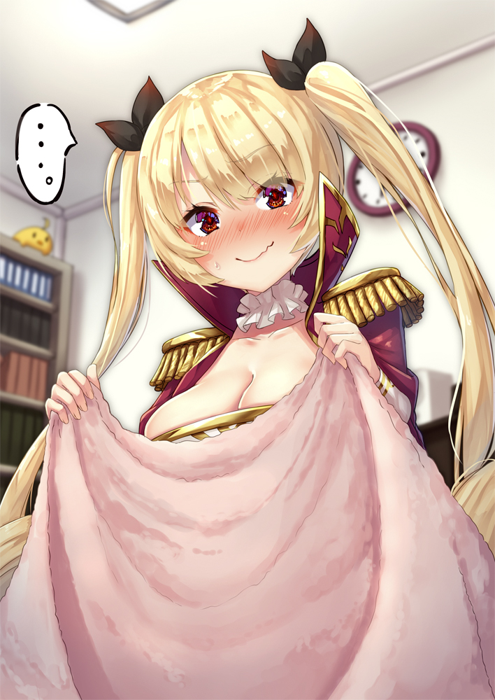 ... 1girl azur_lane bangs bed_sheet black_ribbon blonde_hair blush bookshelf breasts choker cleavage clock closed_mouth embarrassed epaulettes eyebrows_visible_through_hair frilled_choker frills hair_ribbon high_collar indoors large_breasts long_hair looking_at_viewer nelson_(azur_lane) nervous_smile nose_blush pensuke red_eyes ribbon solo speech_bubble spoken_ellipsis sweatdrop twintails very_long_hair wall_clock wavy_mouth white_choker