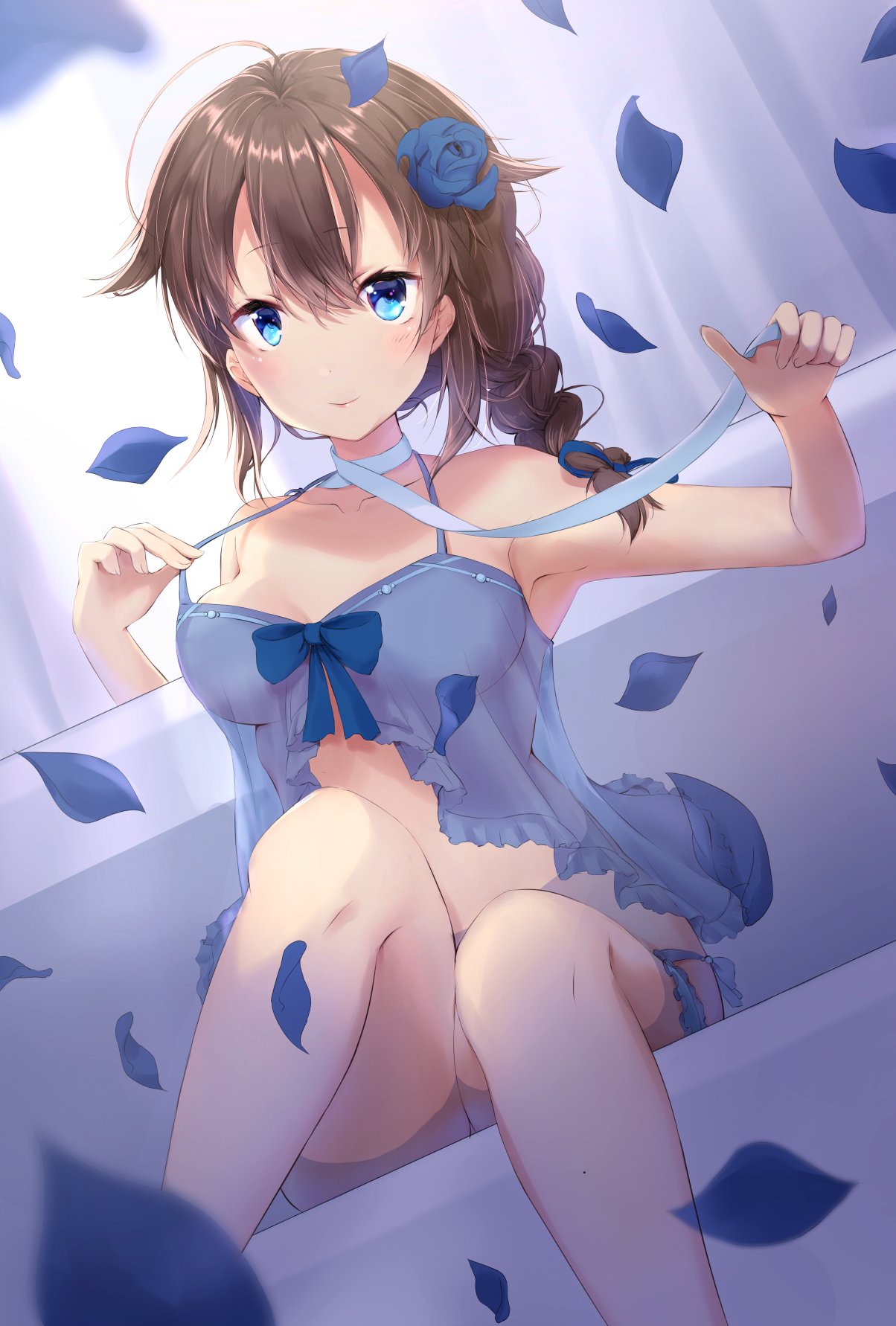 1girl ahoge armpits bangs bare_shoulders blue_eyes blue_flower blue_ribbon blue_rose blurry blush bow braid breasts brown_hair choker collarbone commentary_request couch curtains depth_of_field eyebrows_visible_through_hair feet_out_of_frame flower hair_flaps hair_flower hair_ornament hair_ribbon highres ichinose_kizuki indoors kantai_collection long_hair looking_at_viewer medium_breasts nightgown petals remodel_(kantai_collection) ribbon ribbon_choker rose see-through shigure_(kantai_collection) single_braid sitting smile solo strap_lift underwear underwear_only white_ribbon