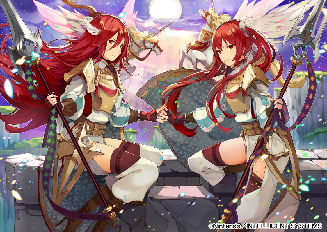 2girls armor belt cape closed_mouth company_name copyright_name fingerless_gloves fire_emblem fire_emblem:_kakusei fire_emblem_cipher from_side gloves hair_ornament holding holding_spear holding_weapon kurosawa_tetsu long_hair looking_to_the_side moon mother_and_daughter multiple_girls night night_sky nintendo official_art outdoors pegasus polearm red_eyes redhead selena_(fire_emblem) sitting sky spear star_(sky) cordelia_(fire_emblem) twintails weapon