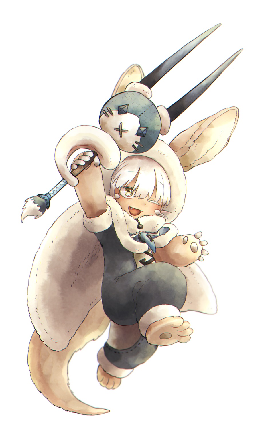 1other alternate_costume ambiguous_gender blush brown_eyes fang felyne felyne_(cosplay) full_body furry highres kawasemi27 long_hair looking_at_viewer made_in_abyss monster_hunter nanachi_(made_in_abyss) one_eye_closed open_mouth rabbit simple_background smile solo tobi-kadachi_(armor) white_background white_hair yellow_eyes