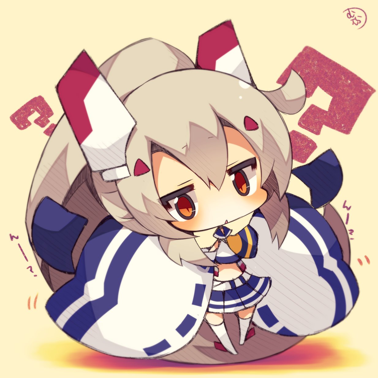 1girl ? ayanami_(azur_lane) azur_lane bangs big_head blush chibi commentary_request eyebrows_visible_through_hair full_body hair_between_eyes hatching_(texture) highres jitome long_hair looking_at_viewer miniskirt muuran no_nose open_mouth parted_bangs pleated_skirt raised_eyebrows sepia short_eyebrows signature skirt solo thigh-highs translated triangle_mouth very_long_hair