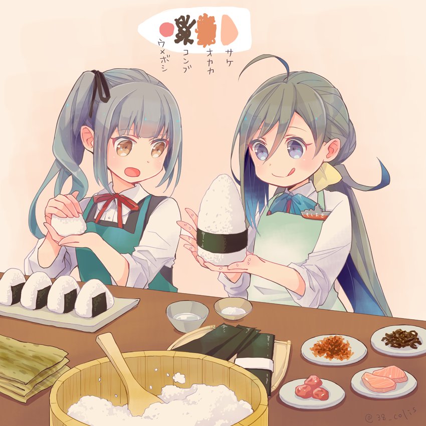 2girls :o :q ahoge apron bow bowtie brown_eyes colis commentary_request food grey_eyes grey_hair kantai_collection kasumi_(kantai_collection) kiyoshimo_(kantai_collection) long_hair multiple_girls onigiri remodel_(kantai_collection) rice_spoon side_ponytail tongue tongue_out translated