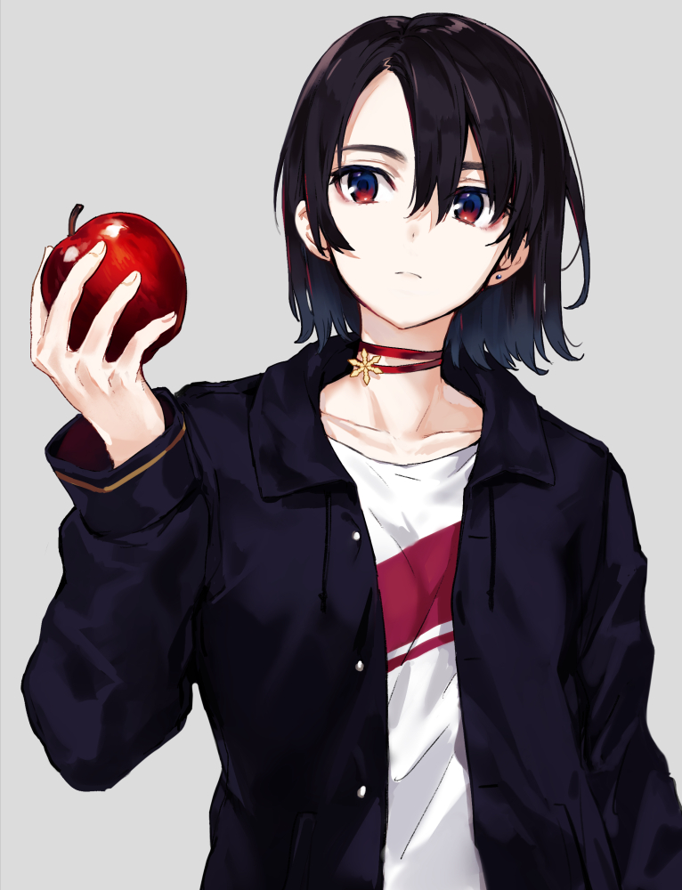 androgynous apple arisaka_ako arm_at_side asymmetrical_bangs bangs black_hair black_jacket choker closed_mouth collarbone commentary_request drawstring earrings fingernails food fruit grey_background hair_between_eyes hand_up holding holding_food holding_fruit jacket jewelry long_sleeves looking_at_viewer medium_hair open_clothes open_jacket original red_choker red_eyes shirt simple_background single_earring snowflakes solo stud_earrings t-shirt unbuttoned white_shirt