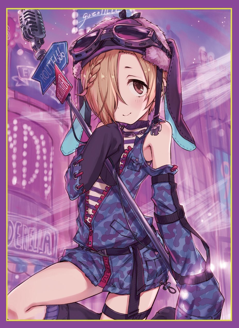 1girl aviator_cap bare_shoulders belt blonde_hair blush boots border braid brown_eyes commentary_request cowboy_shot detached_sleeves ear_piercing goggles goggles_on_headwear hair_over_one_eye highres horizontal_stripes idolmaster idolmaster_cinderella_girls jewelry knee_boots leg_up long_sleeves looking_at_viewer microphone microphone_stand necklace neon_lights piercing purple_border shirasaka_koume short_hair sign sleeves_past_fingers sleeves_past_wrists smile solo striped tamaext thigh_strap unzipped vintage_microphone zipper