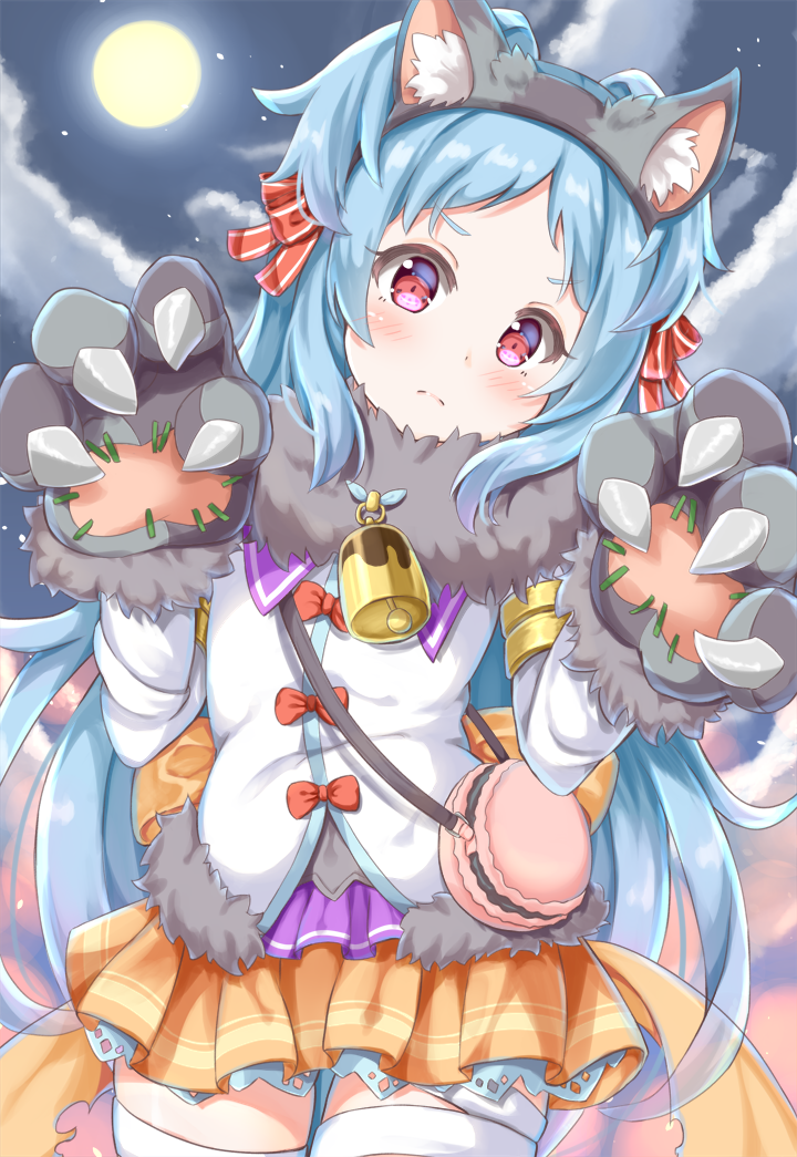 &gt;:( 1girl animal_ear_fluff animal_ears bag bangs bell black_hairband blue_hair blush bow closed_mouth clouds cloudy_sky commentary_request fake_animal_ears food_themed_bag full_moon fur_collar gloves hair_bow hair_intakes hairband halloween hands_up head_tilt izumo_miyako keiran_(ryo170) long_hair looking_at_viewer moon night night_sky orange_skirt outdoors parted_bangs paw_gloves paws pleated_skirt princess_connect! princess_connect!_re:dive red_bow red_eyes shirt shoulder_bag skirt sky solo thigh-highs v-shaped_eyebrows very_long_hair white_legwear white_shirt wolf_ears