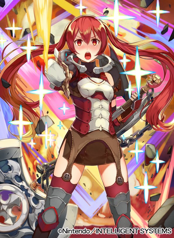 1girl armor axe blush chains company_name copyright_name fingerless_gloves fire_emblem fire_emblem:_kakusei fire_emblem_cipher gloves holding holding_axe holding_sword holding_weapon kurosawa_tetsu long_hair nintendo official_art open_mouth red_eyes redhead selena_(fire_emblem) solo sword twintails weapon