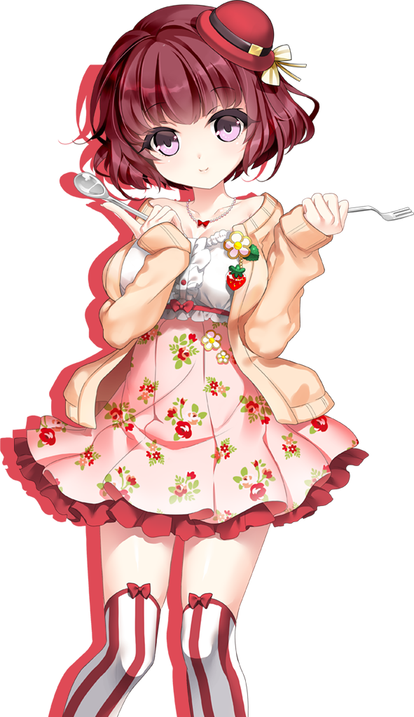 1girl bowler_hat brown_hair circlet_princess_r fork hat jacket jewelry looking_at_viewer mini_hat necklace official_art pink_skirt red_hat short_hair skirt smile solo spoon standing striped striped_legwear thigh-highs tilted_headwear transparent_background violet_eyes