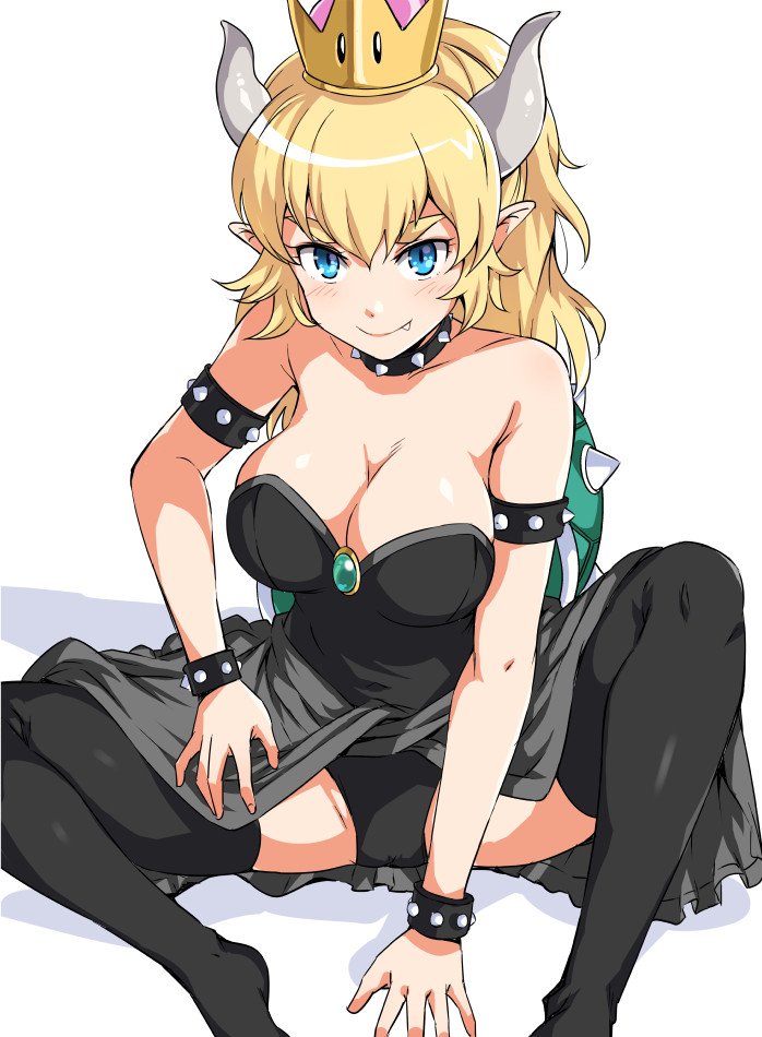 1girl bare_shoulders black_legwear black_leotard blonde_hair blue_eyes blush bowsette bracelet breasts cleavage collar crown fang full_body genderswap genderswap_(mtf) groin horns jewelry large_breasts leotard long_hair super_mario_bros. new_super_mario_bros._u_deluxe nintendo pointy_ears ponytail sanrokumaru showgirl_skirt simple_background sitting sleeveless smile solo spiked_armlet spiked_bracelet spiked_collar spiked_shell spikes spread_legs strapless strapless_leotard thick_eyebrows thigh-highs white_background