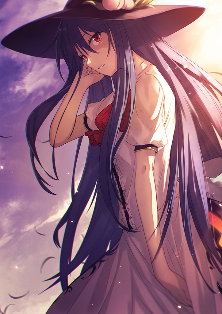 1girl bangs black_hat blouse blue_hair blue_skirt blue_sky center_frills clouds cowboy_shot eyebrows_visible_through_hair food fruit gradient_sky hair_between_eyes hand_up hat head_tilt hinanawi_tenshi ibuki_notsu leaf light_particles long_hair neck_ribbon orange_sky outdoors parted_lips peach puffy_short_sleeves puffy_sleeves red_eyes red_neckwear red_ribbon revision ribbon shirt short_sleeves single_sidelock skirt sky solo standing sunset touhou very_long_hair white_blouse