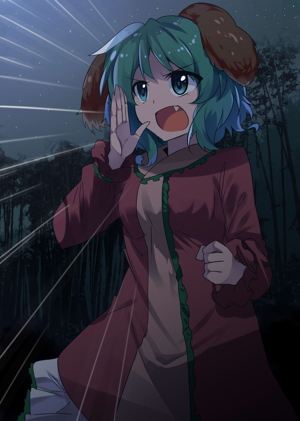 1girl animal_ears bamboo bamboo_forest bangs blue_sky breasts clenched_hand commentary_request cowboy_shot dress e.o. emphasis_lines eyebrows_visible_through_hair eyes_visible_through_hair fang forest green_eyes green_hair hand_up highres kasodani_kyouko long_sleeves nature night night_sky open_mouth outdoors petticoat pink_dress revision short_hair sky small_breasts solo standing star_(sky) starry_sky touhou