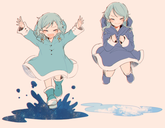 2girls :d \o/ ^_^ aqua_footwear aqua_hair arms_up bang_dream! blue_coat blue_footwear blush boots bow clenched_hands closed_eyes day_and_night hair_bow hikawa_hina hikawa_sayo hood hood_down itomugi-kun jumping long_hair long_sleeves multiple_girls open_mouth outstretched_arms puddle raincoat reflection siblings side_braids sisters smile splashing twins v-shaped_eyebrows yellow_bow