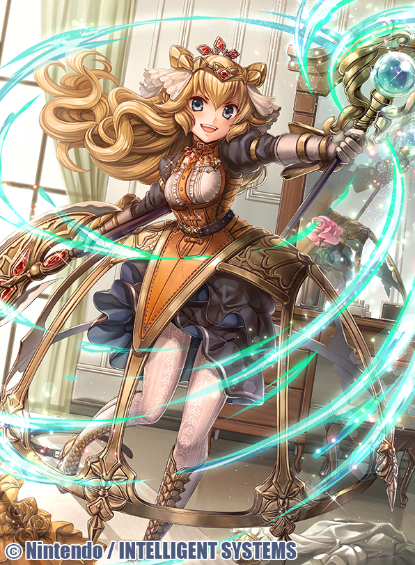 1girl alice_(fire_emblem) axe blonde_hair blue_eyes breasts company_name copyright_name dress fire_emblem fire_emblem_cipher flower fumi_(butakotai) holding holding_axe holding_staff long_hair looking_at_viewer medium_breasts mirror nintendo official_art open_mouth smile solo staff standing white_legwear window