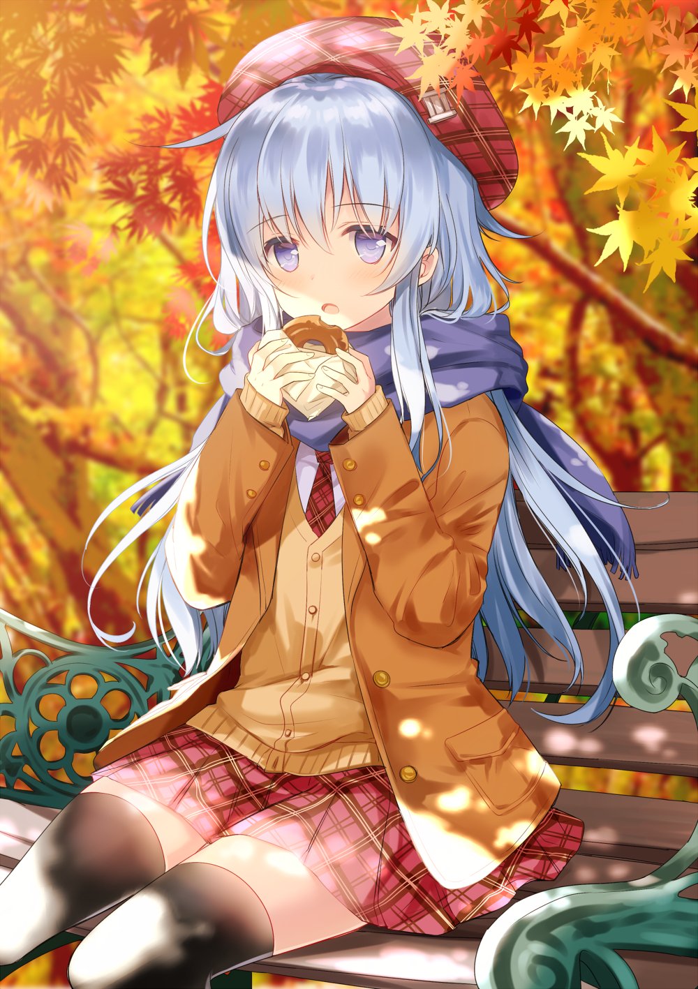 1girl alternate_costume beret black_legwear blue_eyes blush brown_coat brown_sweater buttons coat eyebrows_visible_through_hair food hair_between_eyes hat hibiki_(kantai_collection) highres holding holding_food kantai_collection leaf long_hair maple_leaf maple_tree motohara_moka necktie open_mouth pleated_skirt purple_scarf red_hat red_neckwear red_skirt scarf silver_hair sitting skirt solo sweater thigh-highs tree