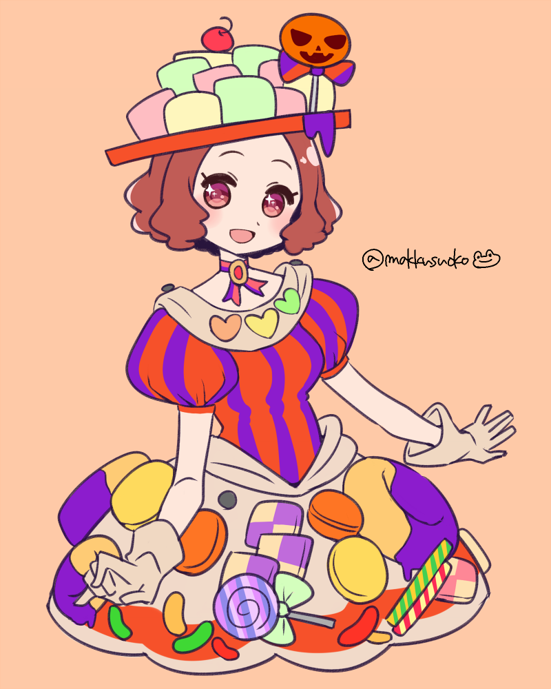 1girl :d alternate_costume blush brown_eyes brown_hair candy candy_cane cherry choker commentary_request do_m_kaeru food food_themed_clothes fruit heart jack-o'-lantern lollipop okumura_haru open_mouth persona persona_5 persona_5:_dancing_star_night short_hair skirt smile solo twitter_username