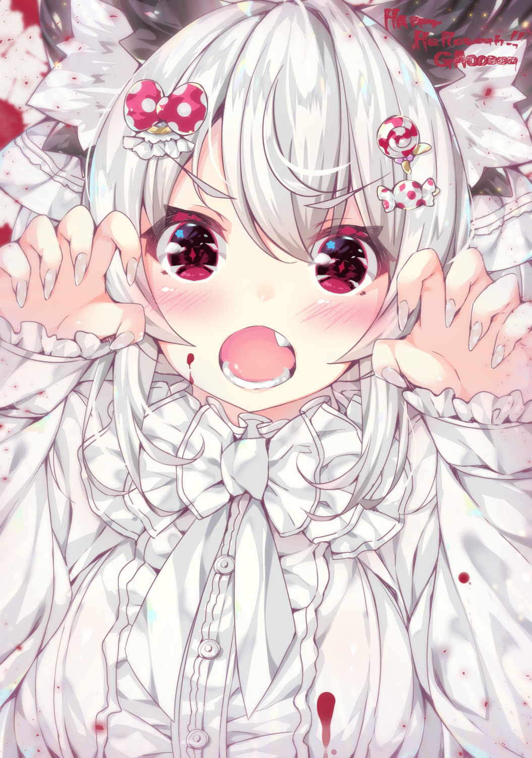 1girl :o animal_ear_fluff animal_ears bangs blood blood_on_face blush bow bowtie buttons cat_ears center_opening claw_pose close-up commentary_request fang fingernails food_themed_hair_ornament frilled_sleeves frills hair_bow hair_ornament hands_up happy_halloween highres long_fingernails long_sleeves looking_at_viewer nail_polish ooji_cha open_mouth original oziko_(ooji_cha) pink_bow polka_dot polka_dot_bow puffy_long_sleeves puffy_sleeves solo sparkling_eyes teeth upper_body v-shaped_eyebrows violet_eyes white_bow white_hair white_nails white_neckwear