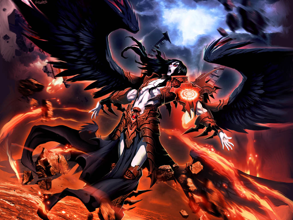 1boy arm_blade armor bird_wings black_hair black_wings commentary destruction english_commentary fallen_angel fallen_angel_wings fire genzoman long_hair lucifer male_focus original pale_skin red_armor red_eyes tagme weapon wings