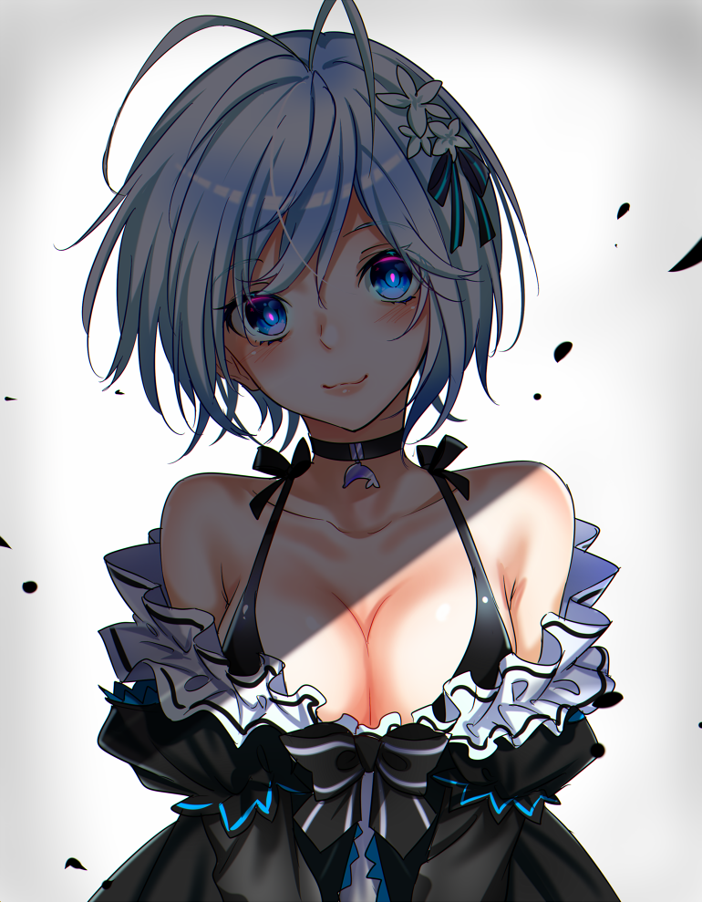 1girl :3 antenna_hair bangs bare_shoulders black_bow black_choker black_dress blue_eyes blue_hair bow breasts choker cleavage closed_mouth collarbone dennou_shoujo_youtuber_shiro dolphin_pendant dress eyebrows_visible_through_hair flower frilled_dress frills gradient gradient_background grey_background hair_flower hair_ornament jewelry juliet_sleeves large_breasts light long_sleeves looking_at_viewer pendant pink_lips pink_pupils puffy_sleeves shiro_(dennou_shoujo_youtuber_shiro) short_hair smile solo swept_bangs virtual_youtuber white_flower yodare_(3yami8)