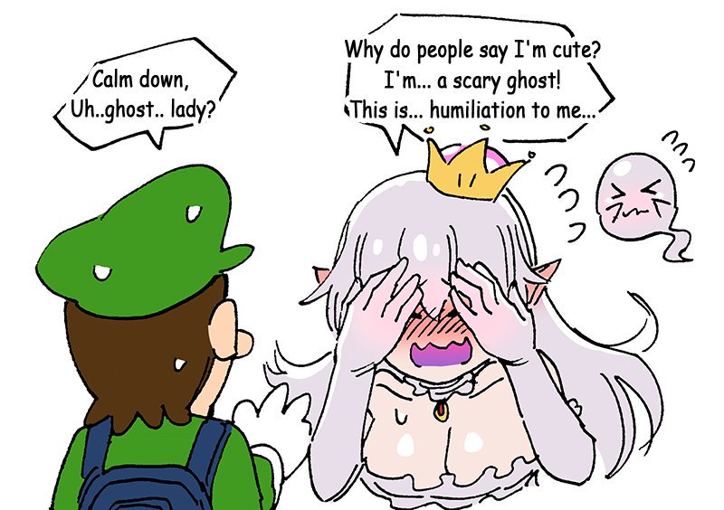 1boy 1girl boo breasts commentary earrings english english_commentary ghost jewelry large_breasts long_hair luigi luigi's_mansion super_mario_bros. necklace nintendo princess_king_boo shy simple_background super_mario_bros. white_background white_hair wootsang