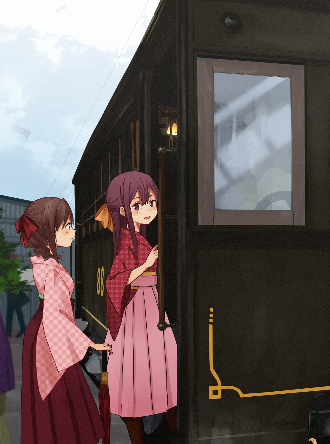 2girls annin_musou boots bow brown_footwear brown_hair checkered_pattern closed_umbrella commentary_request door drill_hair feet_out_of_frame gradient_hair ground_vehicle hair_bow hakama harukaze_(kantai_collection) highres japanese_clothes kamikaze_(kantai_collection) kantai_collection kimono long_hair meiji_schoolgirl_uniform multicolored_hair multiple_girls pink_hakama pink_kimono purple_hair red_bow red_eyes red_hakama red_kimono train twin_drills umbrella unmoving_pattern violet_eyes yellow_bow