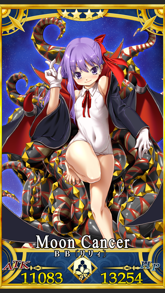 1girl barefoot bb_(fate)_(all) bb_(swimsuit_mooncancer)_(fate) black_coat card_(medium) covered_navel fate/grand_order fate_(series) gloves hair_ribbon looking_at_viewer popped_collar purple_hair ribbon school_swimsuit smile solo swimsuit tentacle utage_nicholas vampire_costume violet_eyes white_gloves white_school_swimsuit white_swimsuit younger