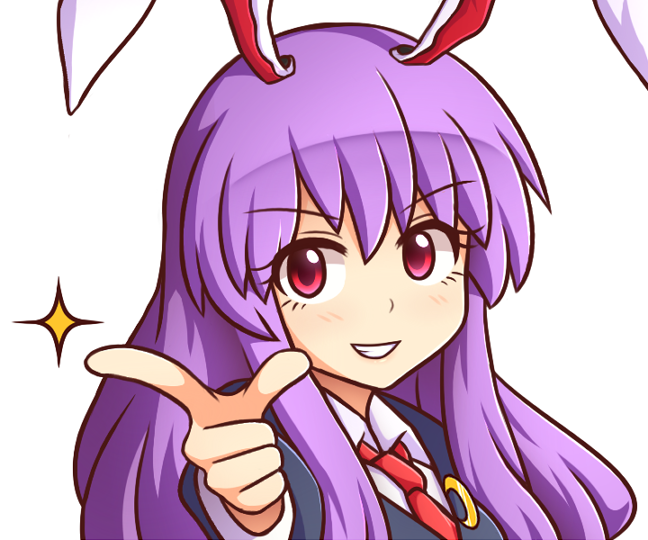 1girl animal_ears bangs black_jacket blazer commentary commission crescent crescent_moon_pin english_commentary eyebrows_visible_through_hair eyelashes grin jacket long_hair long_sleeves looking_at_viewer necktie pointing pointing_at_viewer purple_hair rabbit_ears red_eyes red_neckwear reisen_udongein_inaba shirt sidelocks simple_background smile solo sparkle touhou upper_body white_background white_shirt wing_collar wool_(miwol)