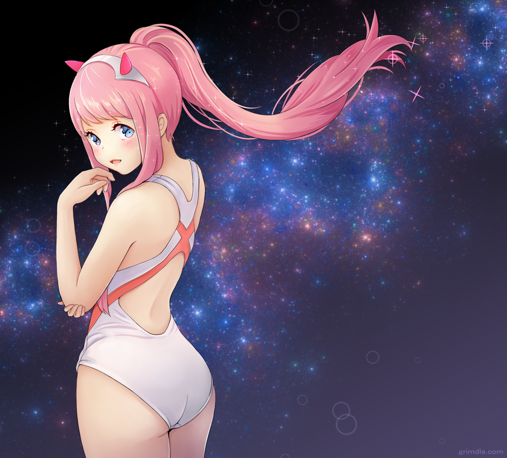 1girl ass blue_eyes breasts commentary_request competition_swimsuit cowboy_shot darling_in_the_franxx grimdle hairband looking_at_viewer looking_back medium_breasts one-piece_swimsuit oni_horns open_mouth pink_hair ponytail red_horns solo star starry_background swimsuit white_hairband white_swimsuit zero_two_(darling_in_the_franxx)