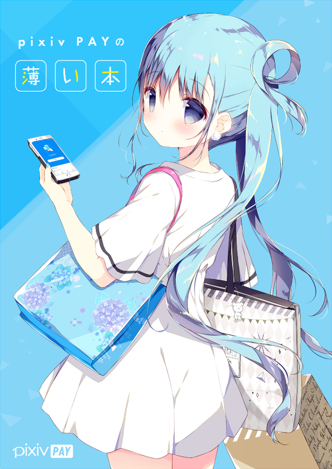 1girl bag bangs blue blue_background blue_eyes blue_hair blue_nails blush cellphone closed_mouth commentary_request dress earrings eyebrows_visible_through_hair fingernails hair_between_eyes holding holding_bag holding_cellphone holding_phone jewelry long_hair looking_at_viewer looking_back nail_polish original phone pixiv pixiv-tan shiratama_(shiratamaco) shopping_bag short_sleeves sidelocks solo twintails two-tone_background very_long_hair white_dress