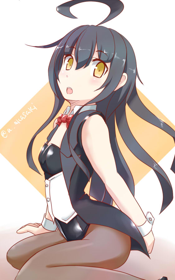 1girl akai_akasaki antenna_hair black_hair black_leotard blush bow bowtie breasts brown_legwear corset detached_collar eyebrows_visible_through_hair jacket kantai_collection leotard long_hair looking_at_viewer magician mikazuki_(kantai_collection) open_clothes open_jacket open_mouth pantyhose red_bow short_sleeves sitting small_breasts smile solo tailcoat twitter_username white_background wrist_cuffs yellow_eyes