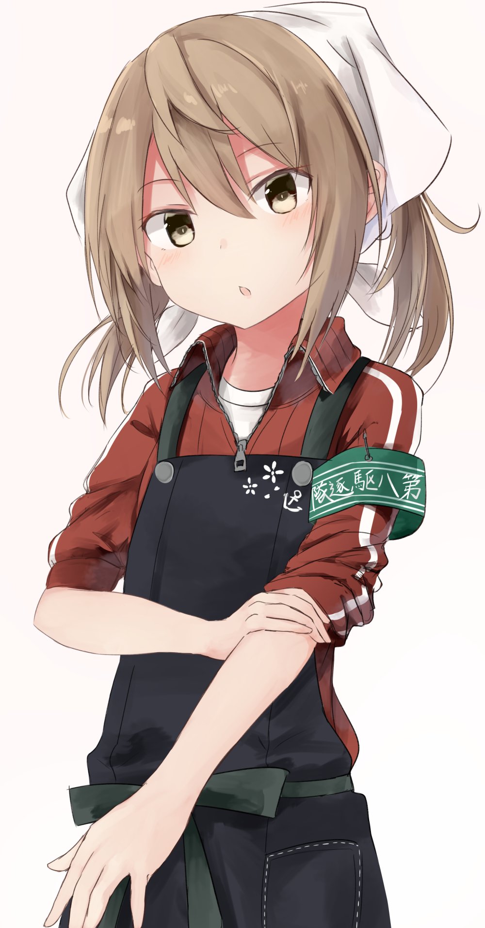 1girl :o alternate_costume anchor_symbol apron armband bangs blush brown_eyes eyebrows_visible_through_hair floral_print head_scarf head_tilt highres jacket kantai_collection light_brown_hair looking_at_viewer medium_hair michishio_(kantai_collection) open_mouth short_twintails simple_background sleeves_rolled_up solo track_jacket twintails upper_body white_background yuki_(yukin0128) zipper zipper_pull_tab