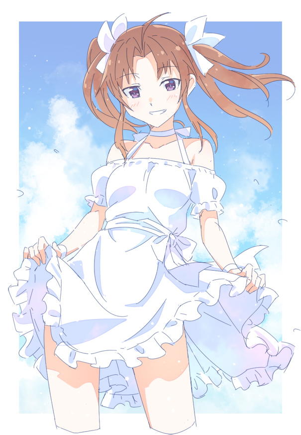 1girl ahoge alternate_costume bare_shoulders blue_sky blush bow breasts brown_hair clouds cloudy_sky collarbone cropped_legs day dress dress_lift e20 eyebrows_visible_through_hair frilled_dress frills grin hair_bow head_tilt kagerou_(kantai_collection) kantai_collection lifted_by_self long_hair looking_at_viewer off-shoulder_dress off_shoulder puffy_short_sleeves puffy_sleeves remodel_(kantai_collection) short_sleeves skirt_hold sky small_breasts smile solo standing sundress twintails violet_eyes white_bow white_dress