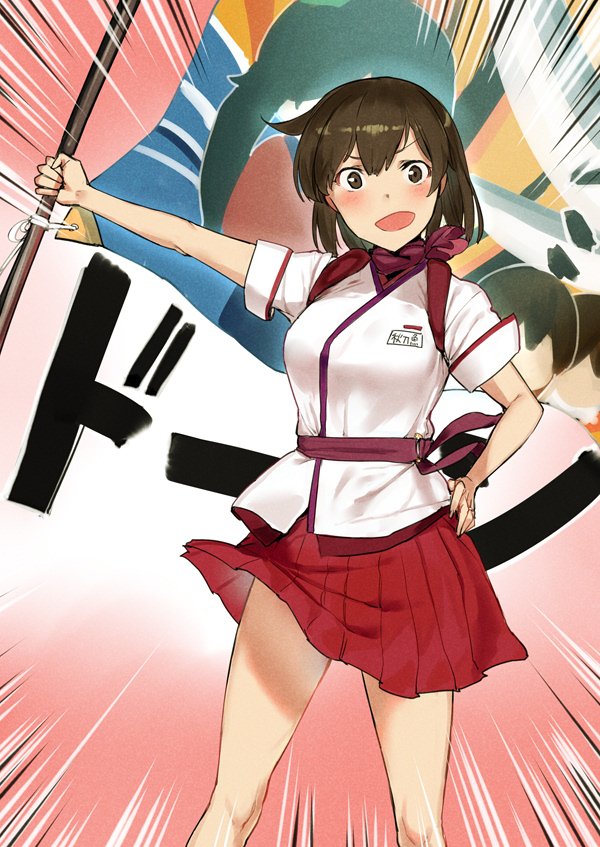1girl ascot brown_eyes brown_hair commentary_request emphasis_lines employee_uniform feet_out_of_frame flight_attendant gradient gradient_background hand_on_hip hiryuu_(kantai_collection) kantai_collection looking_at_viewer open_mouth peach_(airline) pleated_skirt poco_(backboa) purple_neckwear red_background red_skirt sash short_hair skirt solo standing uniform