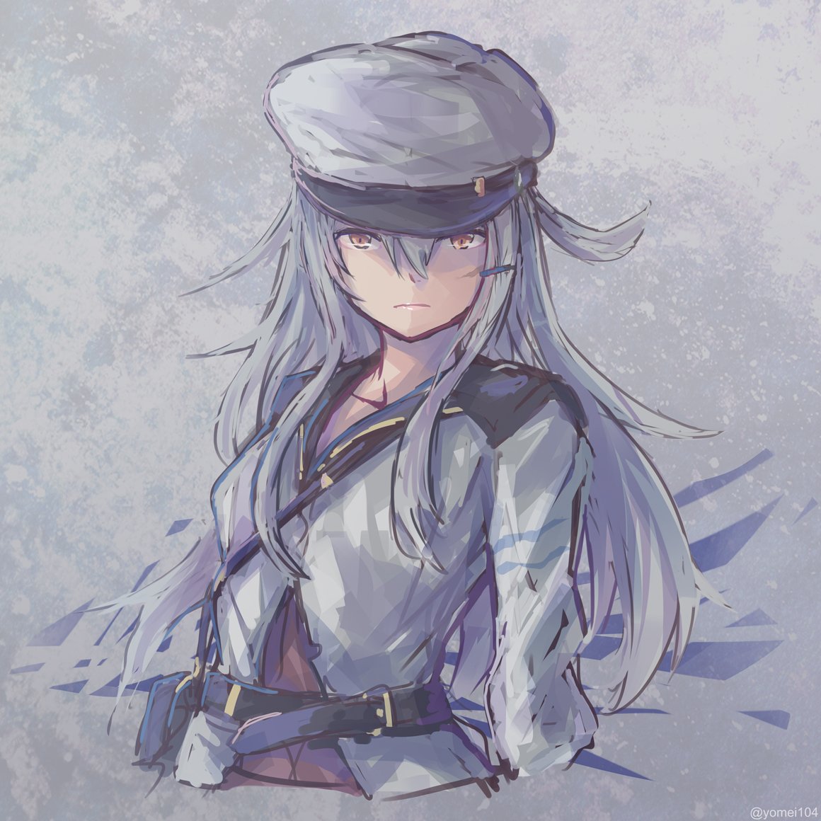 1girl breasts closed_mouth facial_scar gangut_(kantai_collection) gradient gradient_background grey_hair hair_between_eyes hair_ornament hairclip hat jacket kantai_collection long_sleeves looking_at_viewer medium_breasts military military_hat military_uniform naval_uniform orange_eyes red_shirt scar scar_on_cheek shirt solo twitter_username uniform white_jacket yomei104