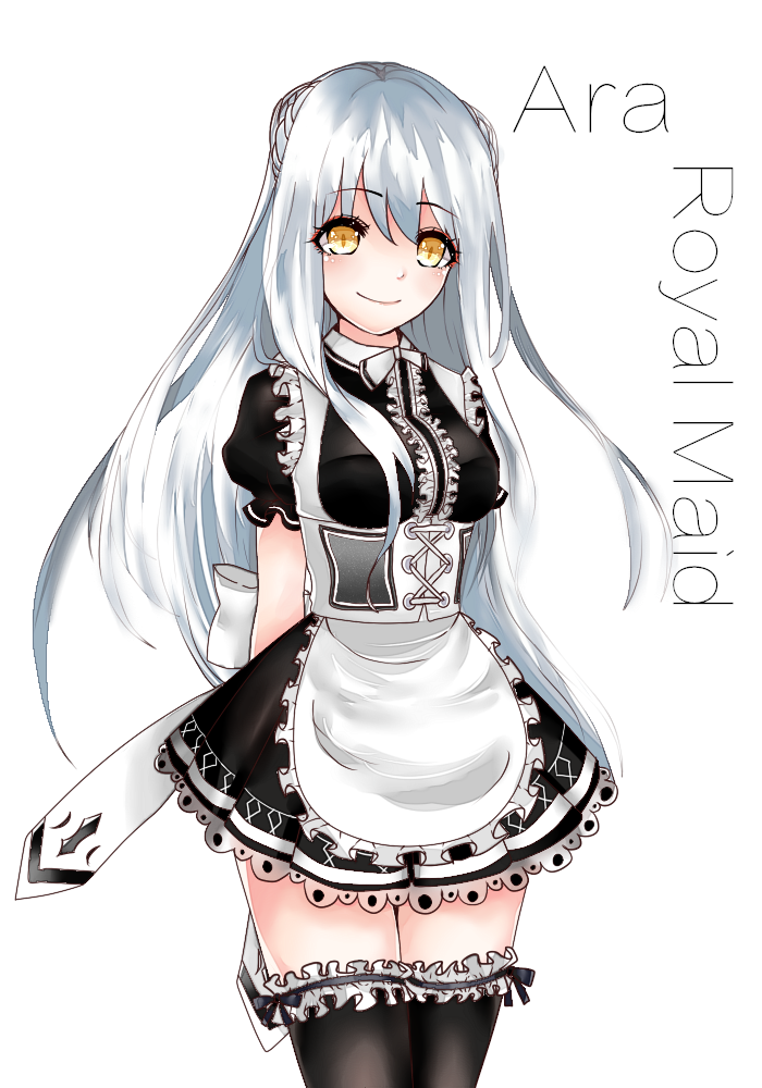 1girl 2200659903_rika apron ara_han braid elsword eyebrows_visible_through_hair frills long_hair maid maid_apron smile white_background white_hair yellow_eyes