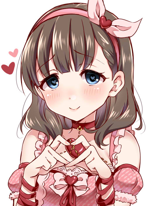 1girl blue_eyes blush brown_hair chains choker detached_sleeves frills fur_trim hair_ribbon hairband heart heart-shaped_pupils idolmaster idolmaster_cinderella_girls ribbon sakuma_mayu smile symbol-shaped_pupils tottoto_tomekichi white_background