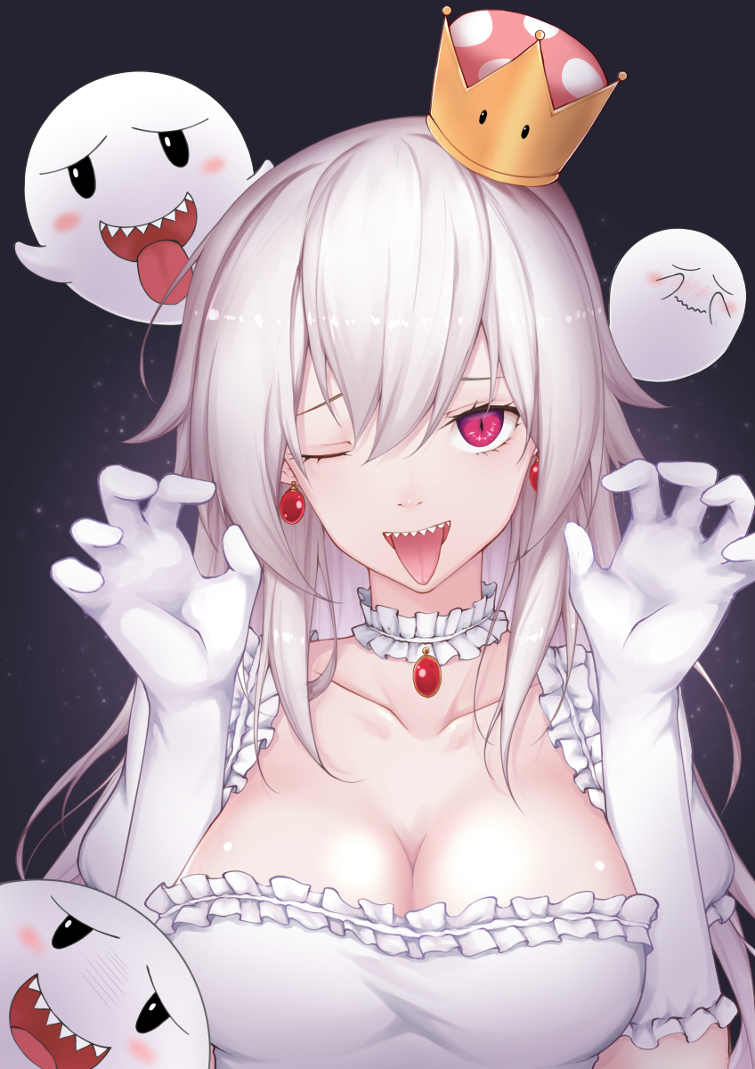 1girl blush breasts cleavage collarbone dress earrings elbow_gloves eyebrows ghost_pose gloves highres jewelry large_breasts luigi's_mansion super_mario_bros. new_super_mario_bros._u_deluxe nintendo one_eye_closed open_mouth princess_king_boo red_earrings red_eyes scal2let smile solo super_crown teeth tongue tongue_out upper_body white_dress white_gloves white_hair