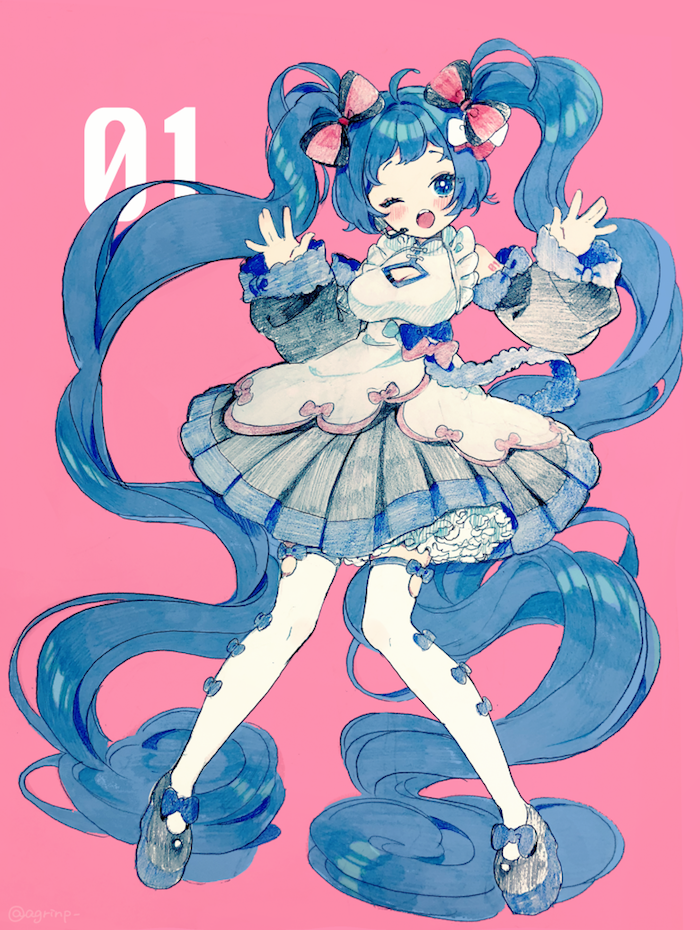 1girl ;o black_footwear black_skirt black_sleeves blue_bow blue_eyes blue_hair blush bow breasts cleavage detached_sleeves hair_bow hatsune_miku head_tilt headset large_breasts long_hair long_sleeves looking_at_viewer one_eye_closed open_mouth pink_background pleated_skirt puffy_long_sleeves puffy_sleeves red_bow rinndouk round_teeth shoes simple_background skirt sleeves_past_wrists solo striped striped_bow teeth thigh-highs twintails upper_teeth very_long_hair vocaloid white_legwear